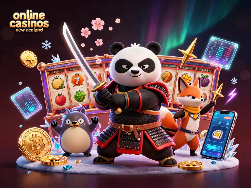 Join the adventure with online casinos new zealand, featuring themed characters, slot reels, and crypto coins.