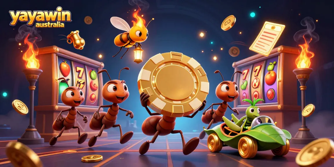 Experience exciting gameplay at yayawin australia with a team of ants carrying a golden poker chip in a thrilling heist.