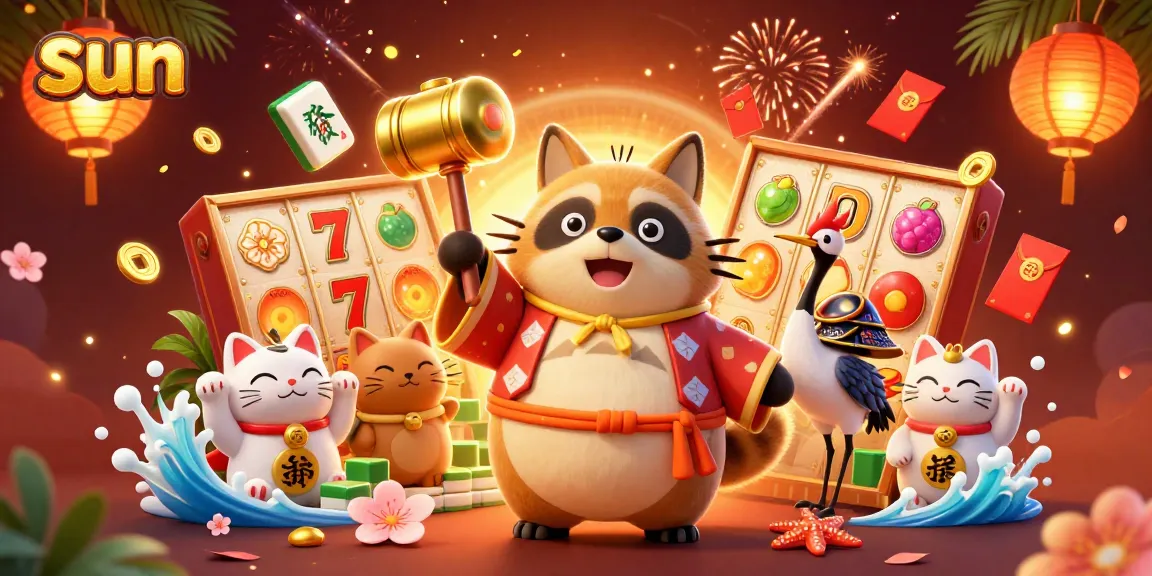 Engage with the vibrant sun-themed online casino featuring cheering tanuki, lucky symbols, and a colorful atmosphere.
