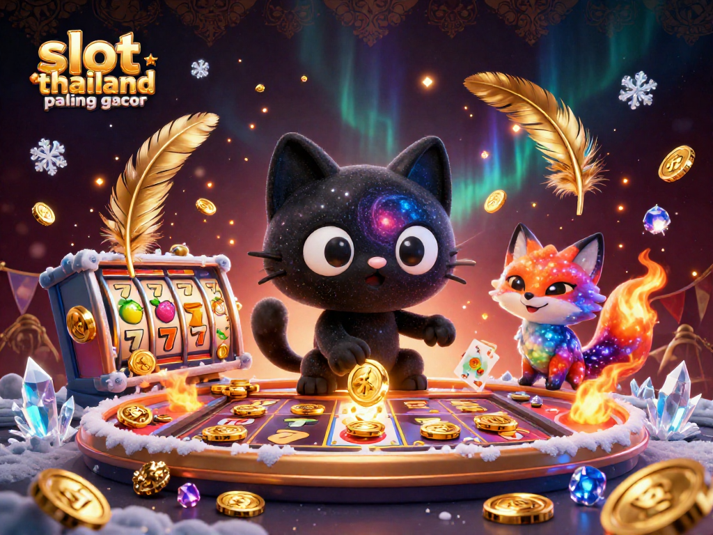 Engage with the vibrant slot thailand paling gacor as the cat pulls in chips and cards in a cosmic scene.
