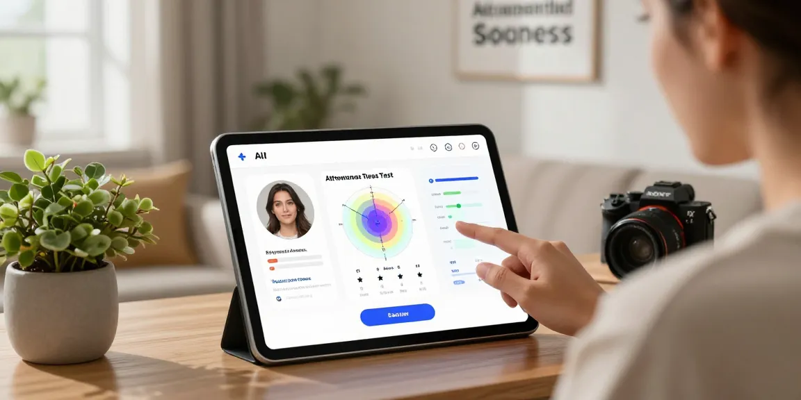 User engaging with an attractiveness test application on a tablet, showcasing AI-powered scores and analysis in a cozy living area.