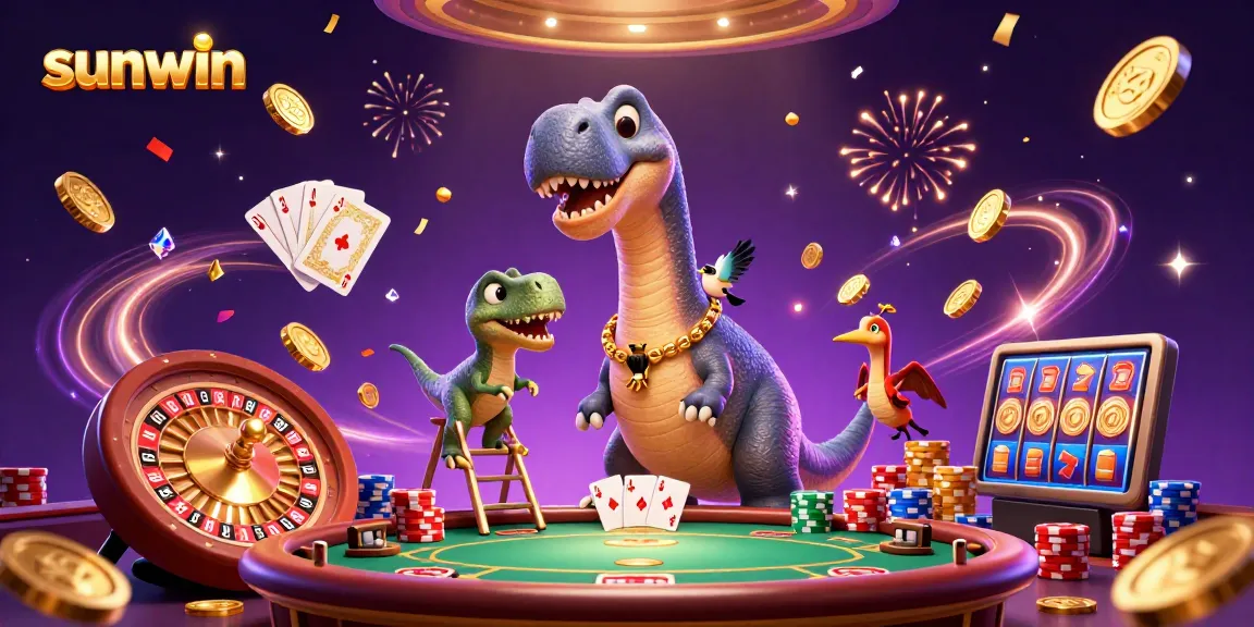 Experience thrilling gameplay with sunwin as a brontosaurus towers over a vibrant casino scene.