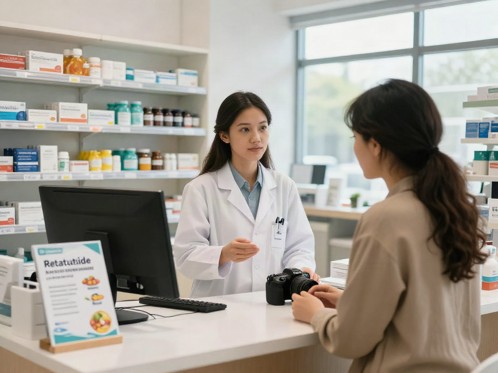 Buy Retatutide Canada with expert pharmacist guidance in a well-lit pharmacy.