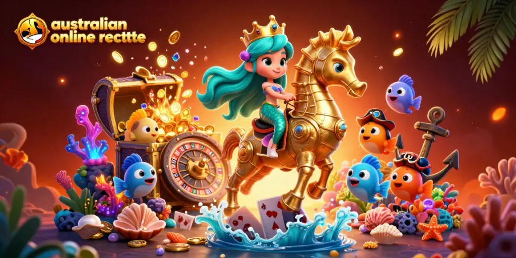 Experience australian online roulette with vibrant characters and dynamic gameplay elements in this 3D illustration.