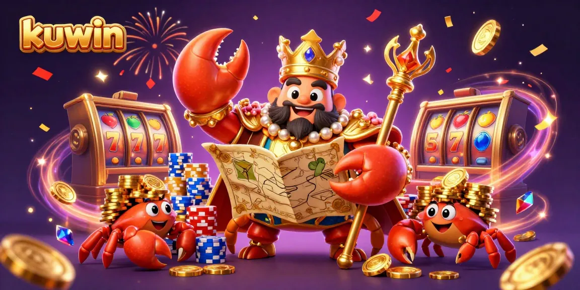 Kuwin showcases an extravagant 3D scene with a golden crab emperor surrounded by slot machines and festive elements.