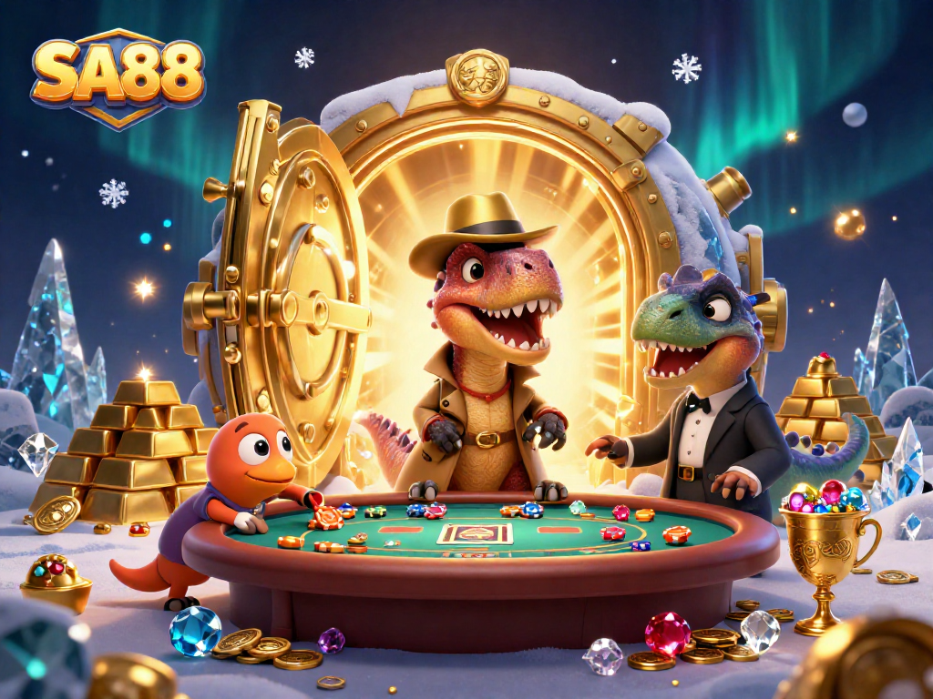 SA88 velociraptor card counter at blackjack table amid gold treasure and gems