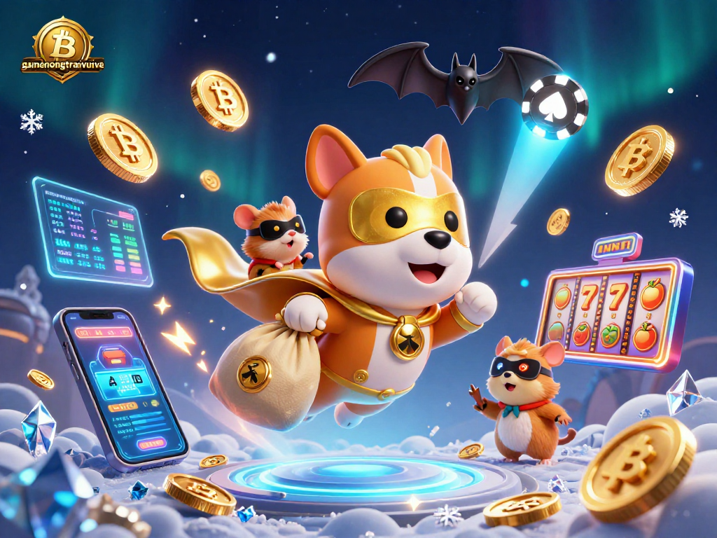 Engage with gamenongtraivuive through a vibrant 3D casino scene featuring a superhero dog and hamster with gold coins.