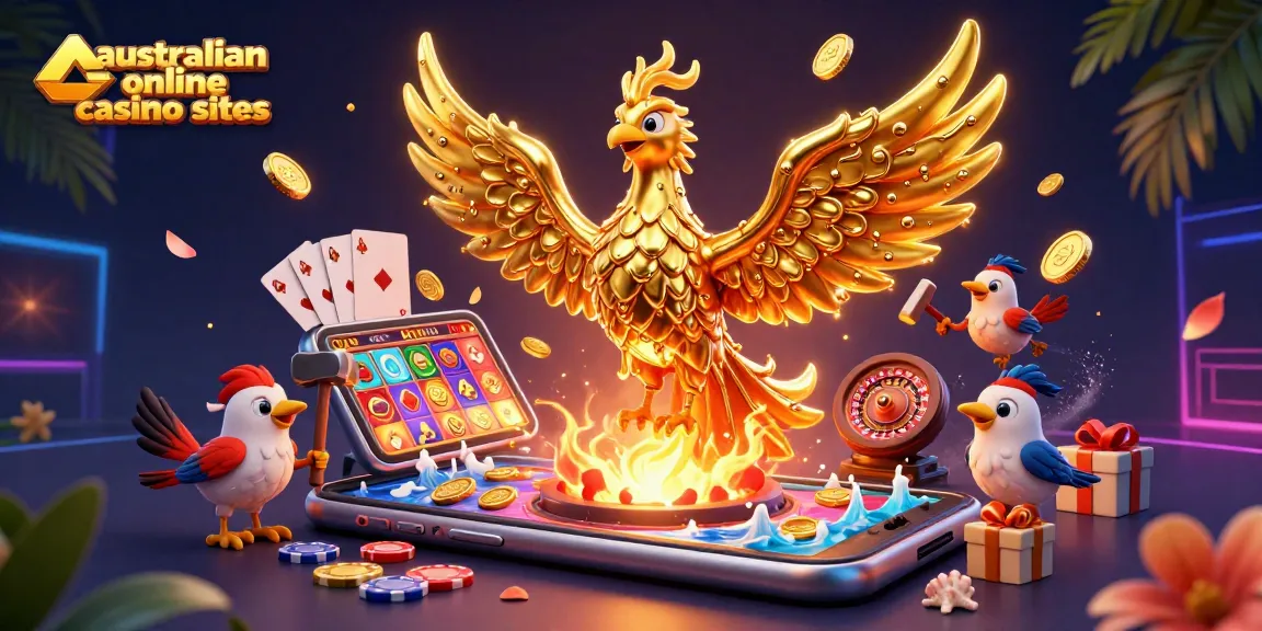 Experience thrilling australian online casino sites with a vibrant phoenix emerging from a molten forge amidst dynamic gaming elements.