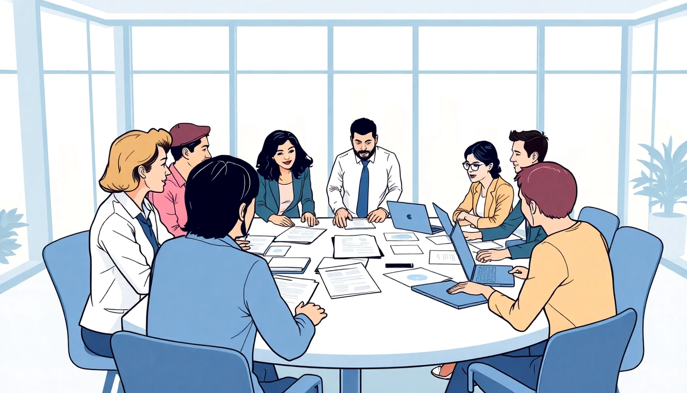 Engaging Bid-No-Bid Analysis discussion among professionals in a bright office setting.