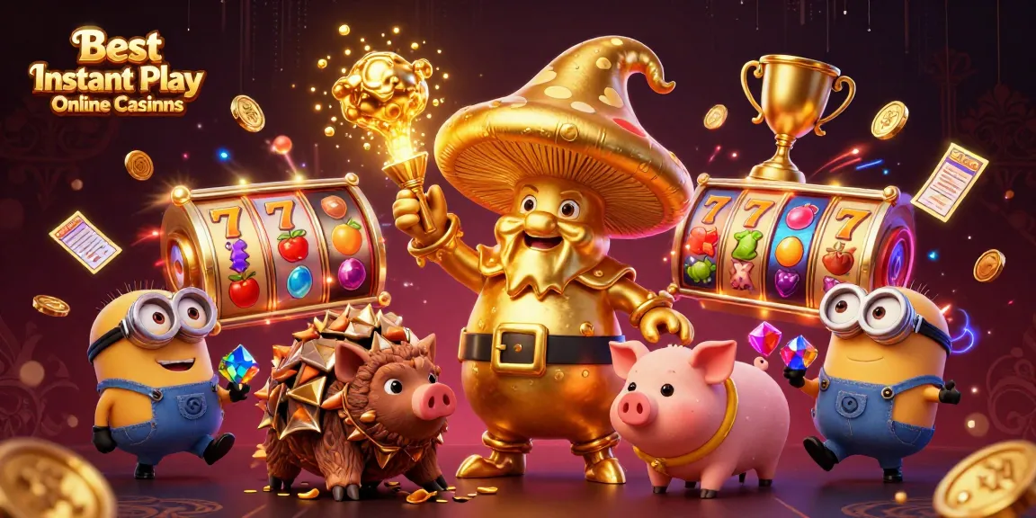 Experience the thrill of the Best Instant Play Online Casinos with vibrant slot reels and dynamic characters.