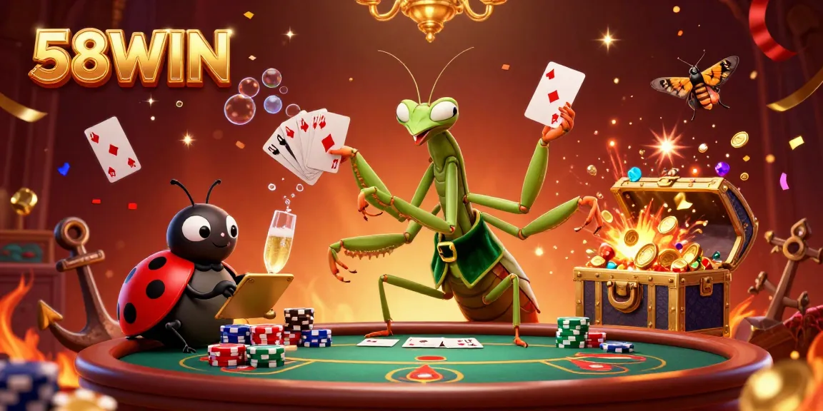Players enjoy the excitement of 58WIN with a giant mantis card sharp and ladybug pit boss amidst dynamic casino elements.