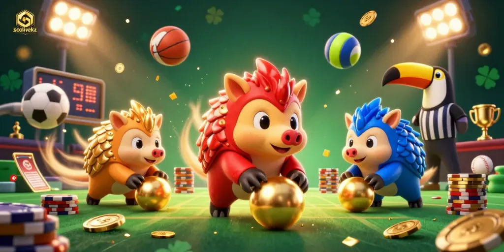 Socolivekz showcases rival pangolins in a lively gambling scene with golden trophies and sports elements, captivating bettors.