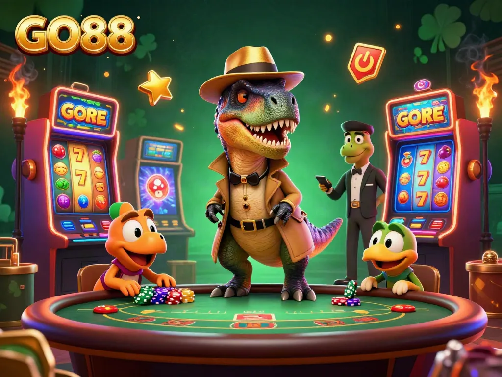 Experience thrilling gameplay at GO88 with a stealthy velociraptor at the casino table.