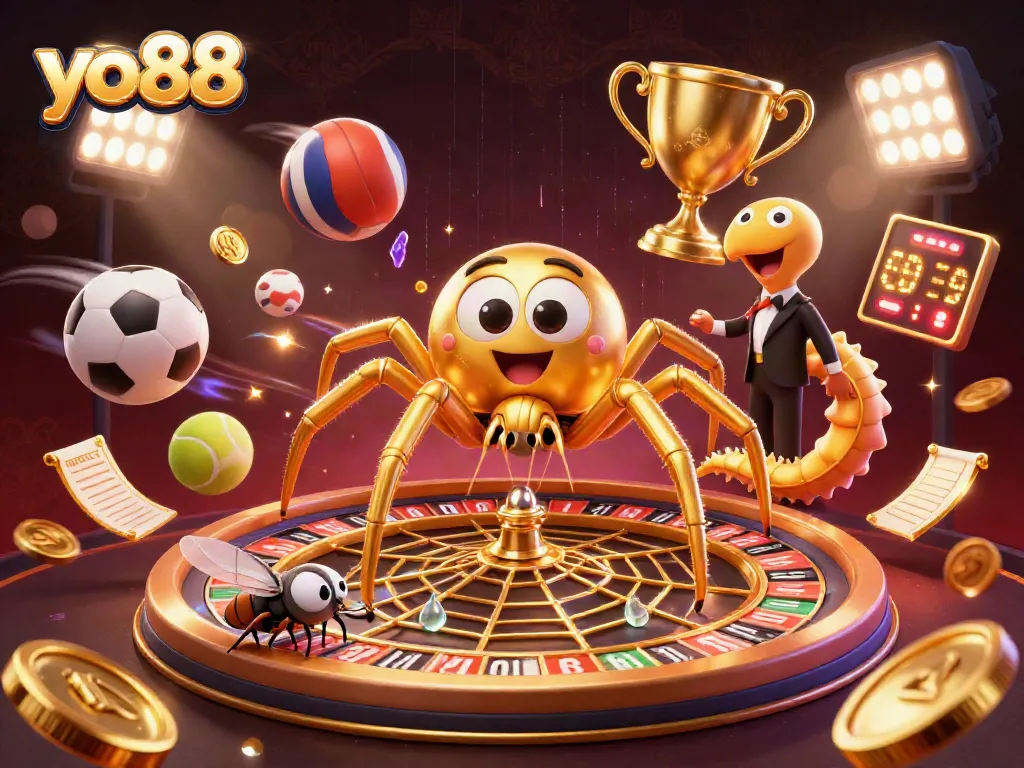 Spin bets at yo88 with a golden roulette wheel web and vibrant sports elements.
