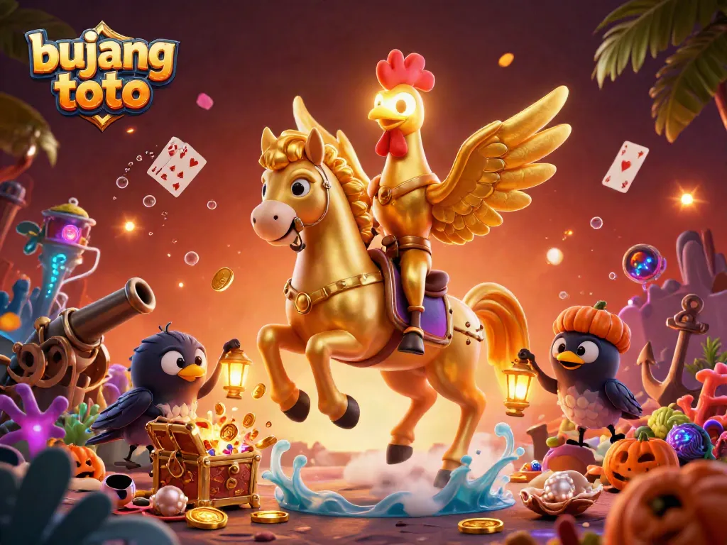 Experience the thrill of bujang toto in this vibrant 3D casino scene featuring golden rooster characters.