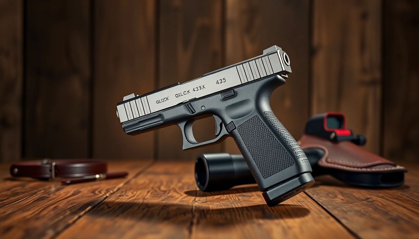 Showcase of Glock 43X MOS pistol highlighting sleek design and features on a wooden table.