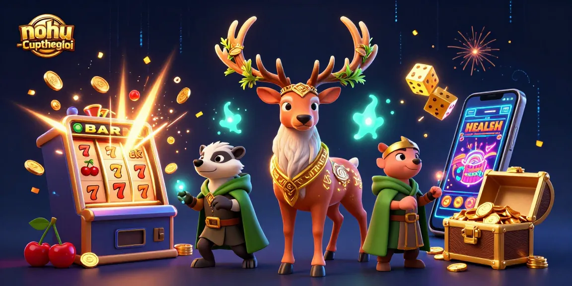 Engage with nohu-cupthegioi through vibrant 3D casino imagery showcasing thrilling jackpot slots and characters.
