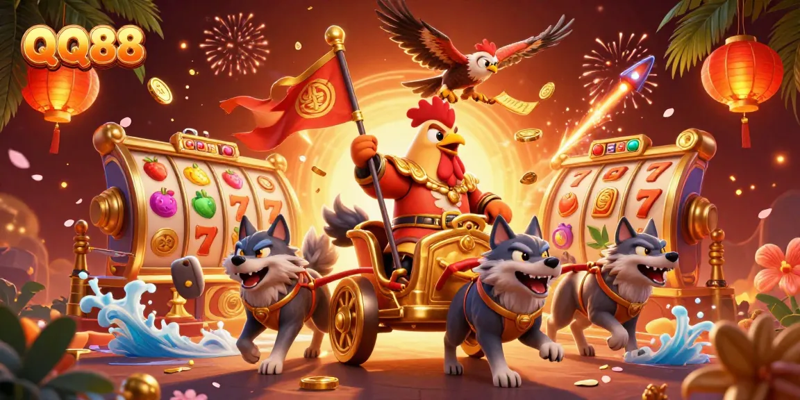 Engage in QQ88 slot adventures with a vibrant 3D scene featuring a rooster warlord and golden chariot