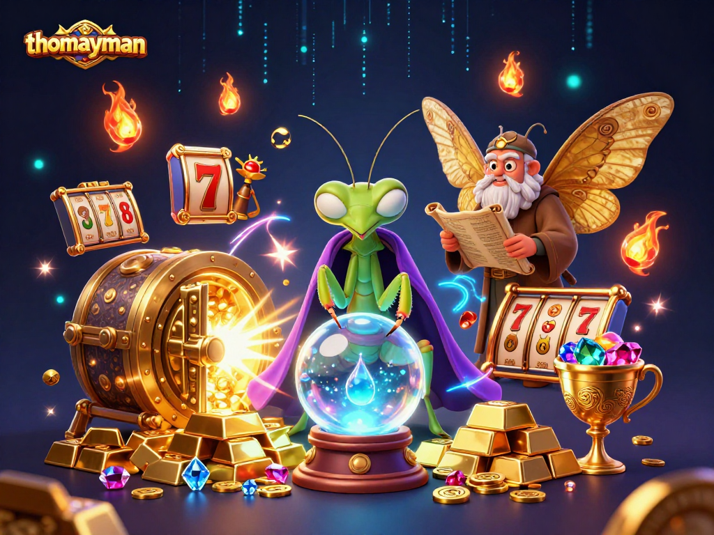 Spin for fortunes with thomayman in this vibrant 3D casino illustration featuring characters and gold treasures.