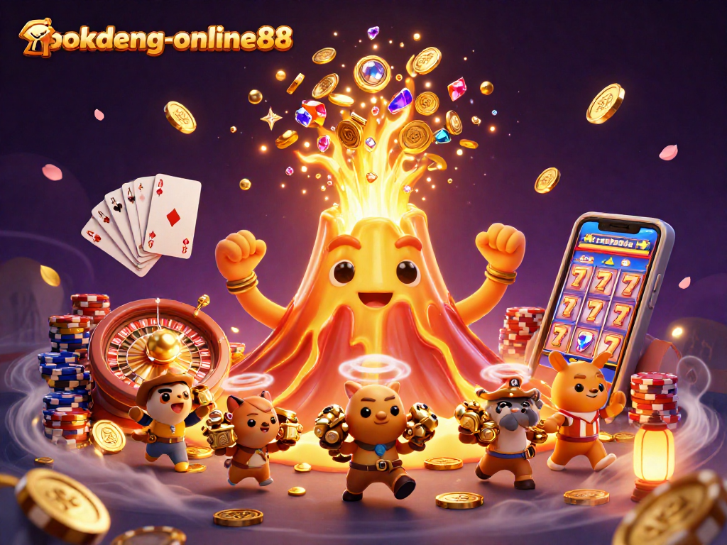 Experience thrilling wins with pokdeng-online88's vibrant casino illustration showcasing triumph and treasure.