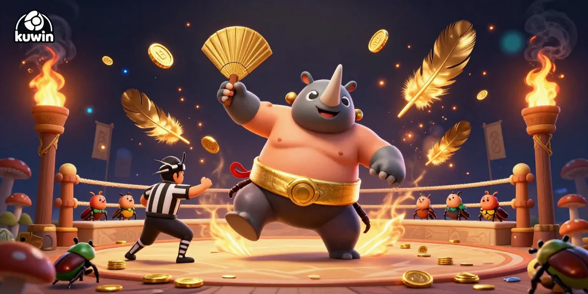 Kuwin's vibrant casino world depicted with cartoon beetles and gold coins flying.