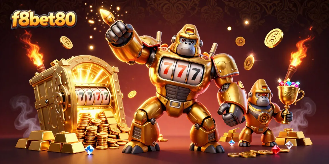 Experience thrilling adventures at f8bet80, featuring a dynamic golden gorilla mech bursting with coins!