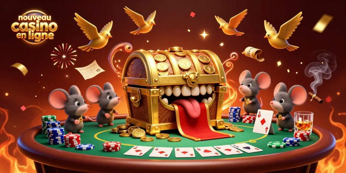 Illustrez l'expérience captivante d'un nouveau casino en ligne avec un coffre au trésor et des joueurs de poker.