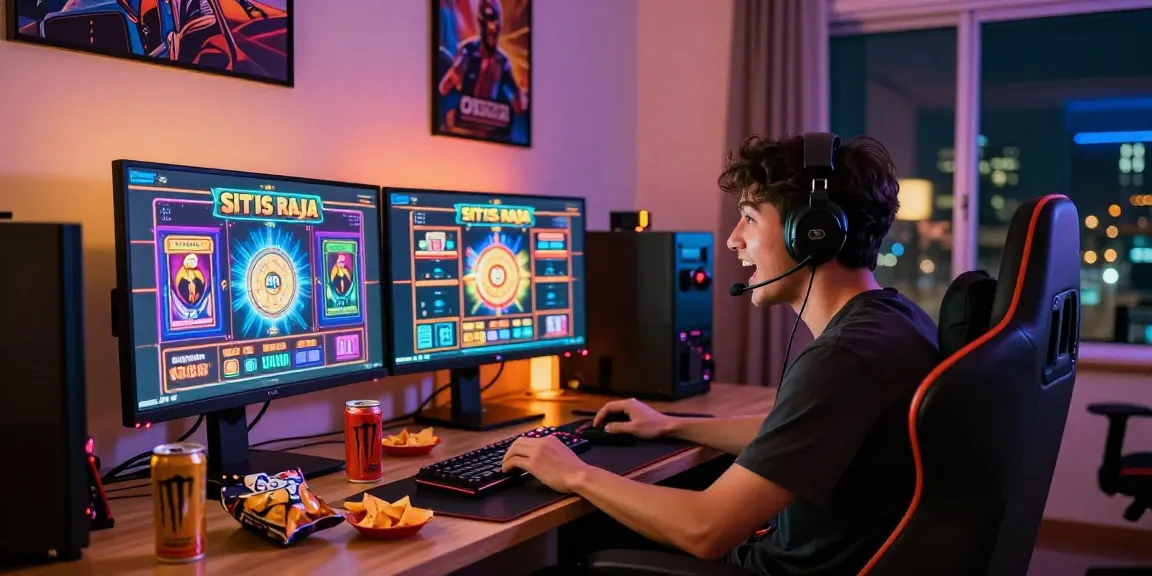 Exciting gaming atmosphere with player engaged in situs raja slot machines at home desk