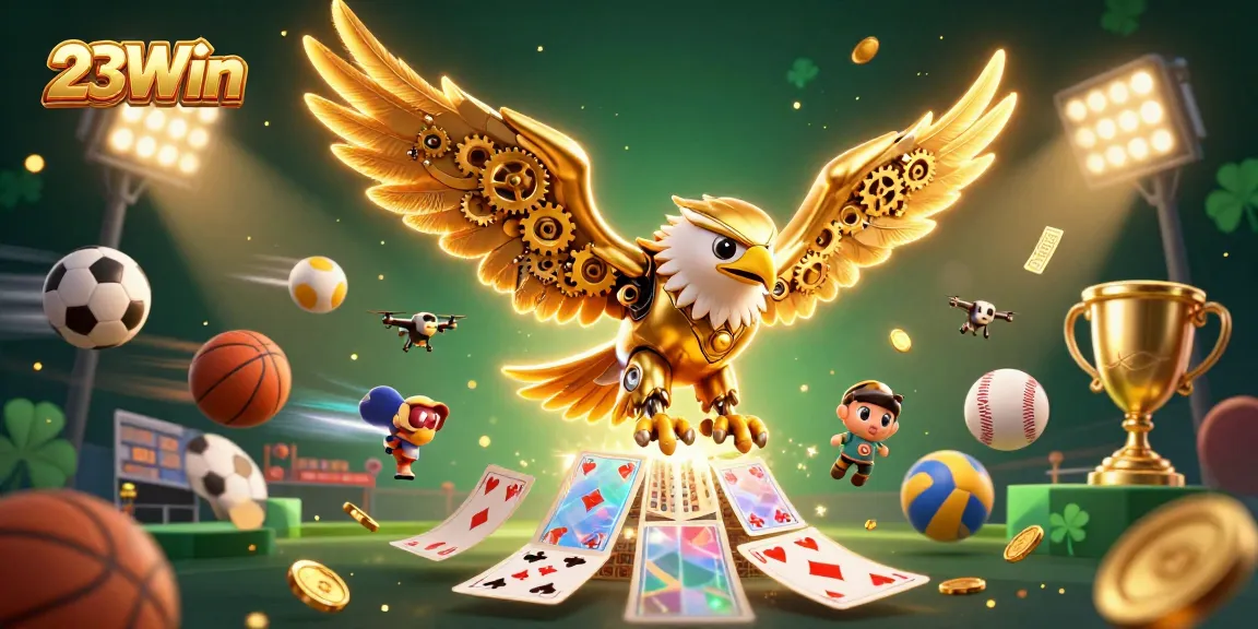 Experience thrilling moments at 23Win, featuring a golden eagle diving through holographic cards with sports balls.