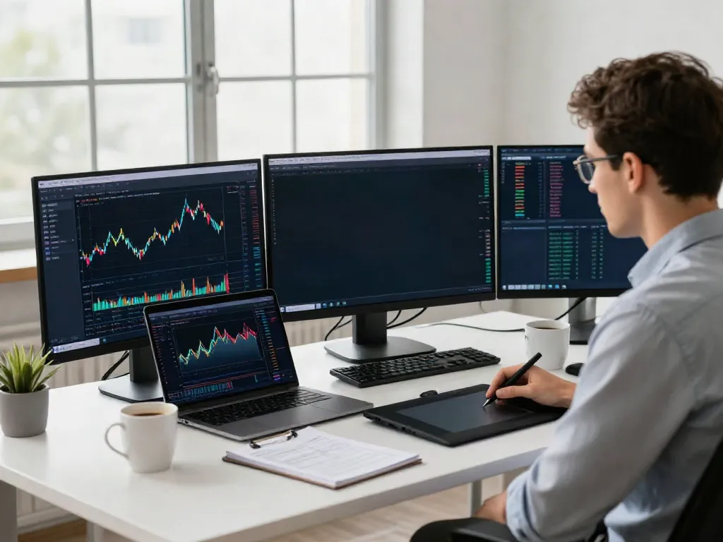 Focused trader using MetaTrader 5 in a modern workspace with multiple monitors.