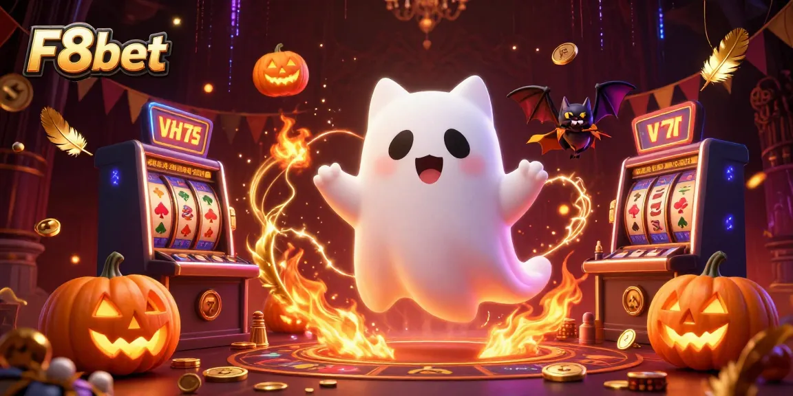 Play slots and win rewards with F8bet, featuring a haunted casino scene with a friendly ghost cat.