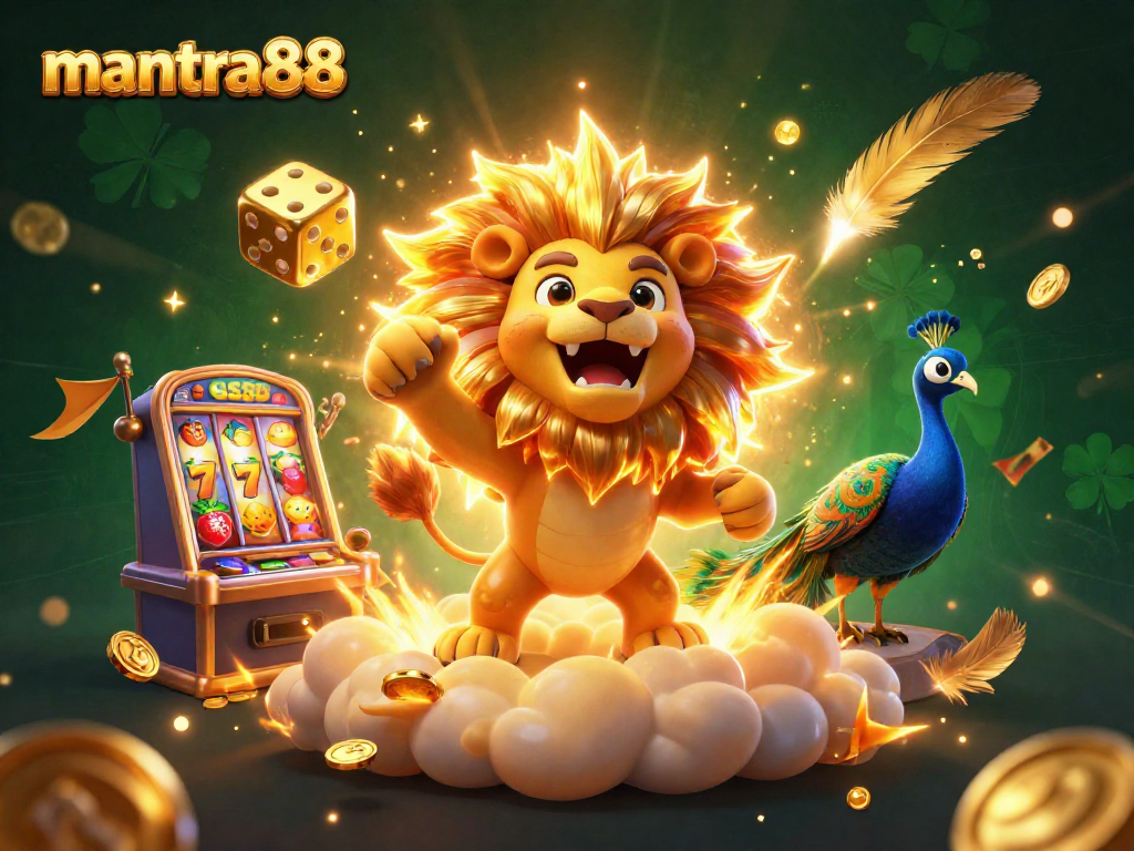 Experience thrilling action at mantra88 with a vibrant scene featuring a roaring sun lion, golden dice, and a slot machine.