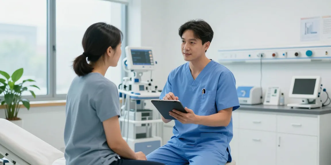 Healthcare professional reviewing Deus Medical treatments with a patient in a modern clinic.