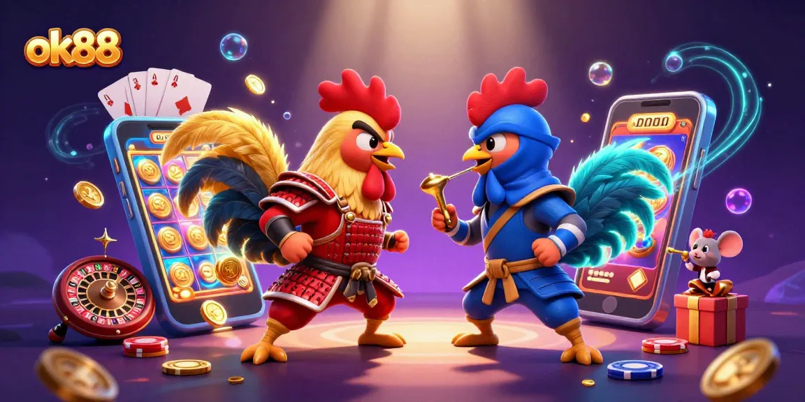 Engage in thrilling gameplay with ok88 as fighting roosters clash amid casino elements in vibrant 3D action.