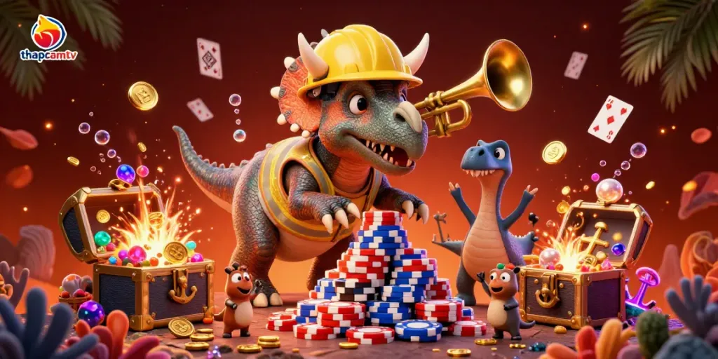 Thapcamtv showcases thrilling gambling action with a vibrant triceratops building poker chip pyramids.