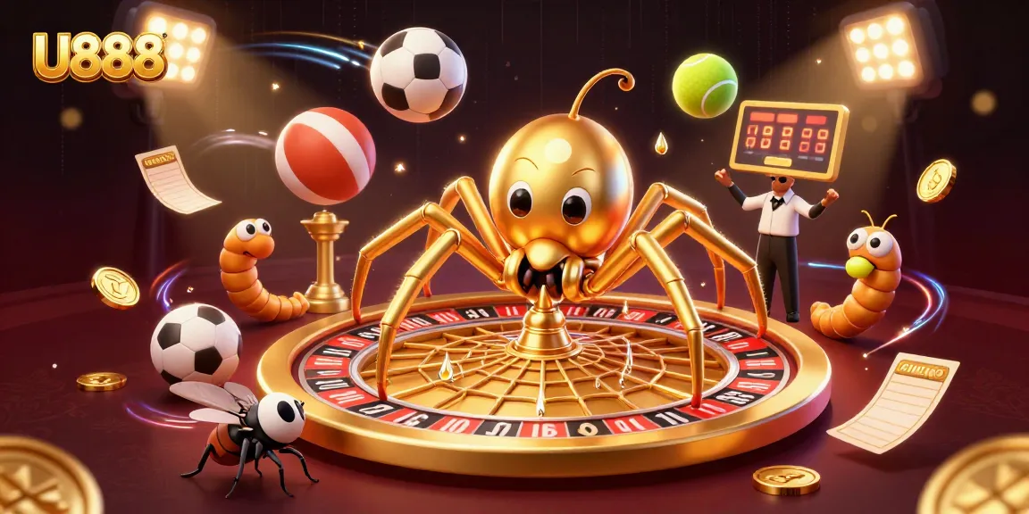 Spin to win at U888 with a golden spider roulette and vibrant sports elements!