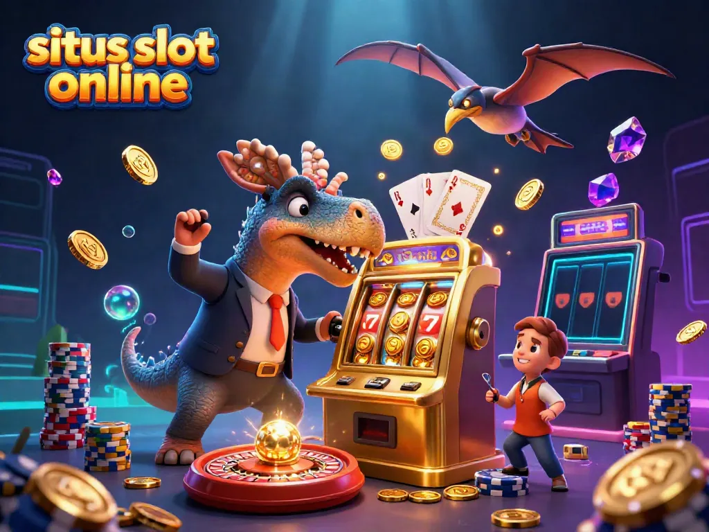 Bermain situs slot online dengan jackpot, di mana dinosaurus menghantam mesin slot yang mengeluarkan koin emas.