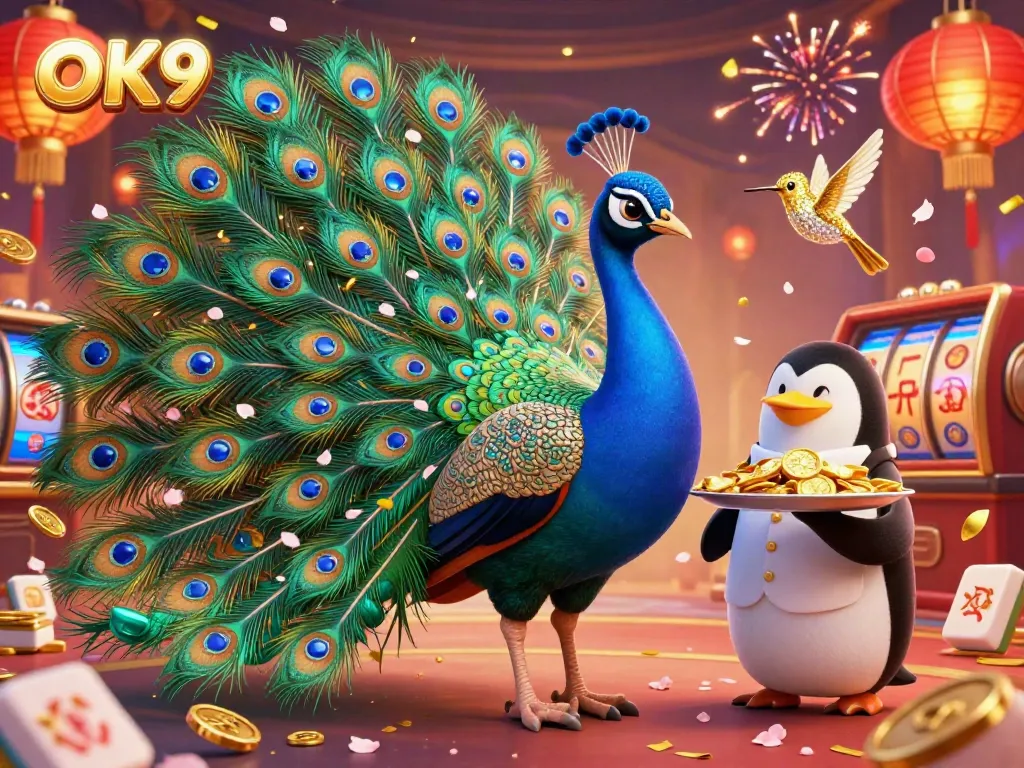 Spin the reels at OK9, featuring a vibrant peacock and golden chips in a dynamic casino scene.