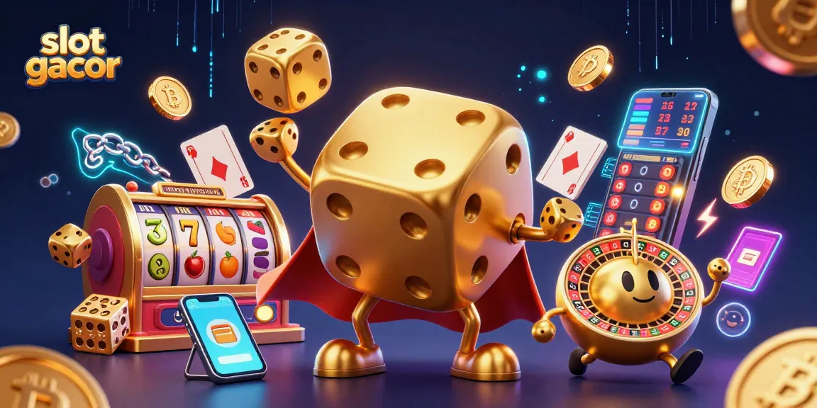 Engaging in slot gacor with vibrant game elements, featuring golden characters and crypto coins.