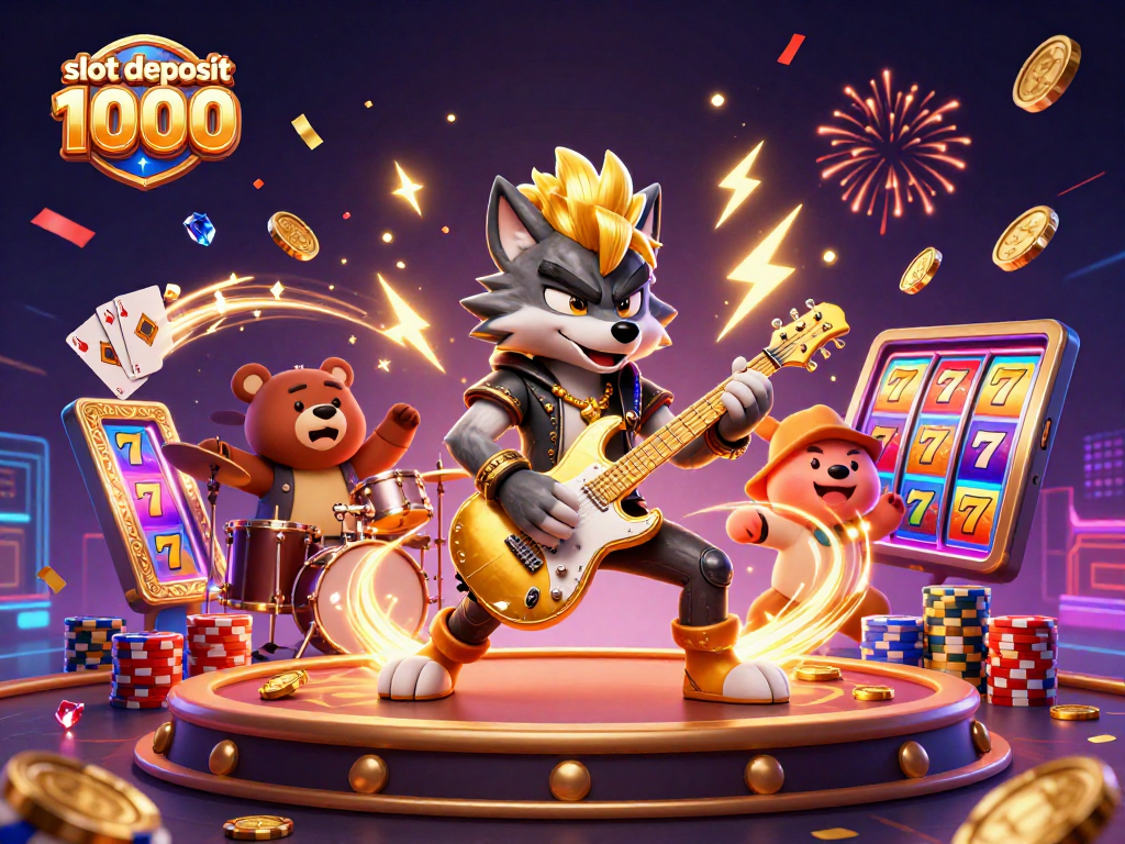 Engage with exciting slot deposit 1000 action among animated characters in a vibrant casino scene.