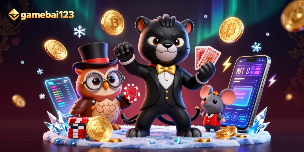 Experience gamebai123 gaming with a dynamic scene featuring a stylish black panther dealing cards among crypto coins.