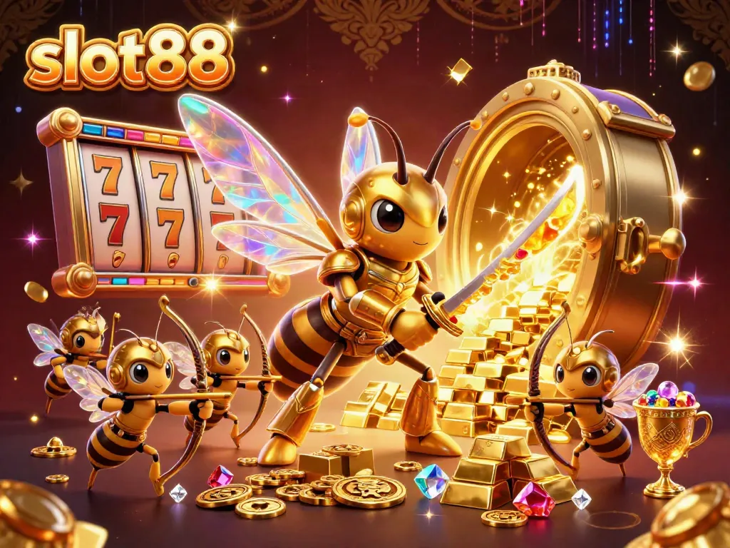 Experience thrilling wins with slot88's dynamic illustration featuring a golden hornet and casino elements.