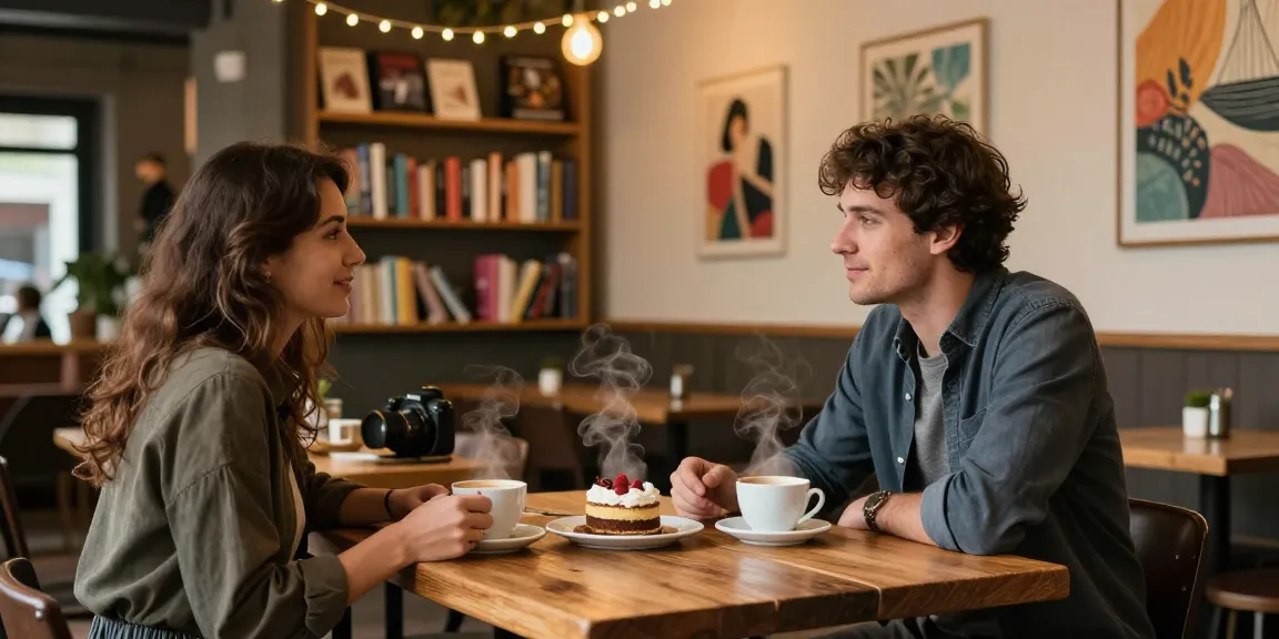 Couple enjoying dating in a cozy café, sharing moments over coffee and desserts.