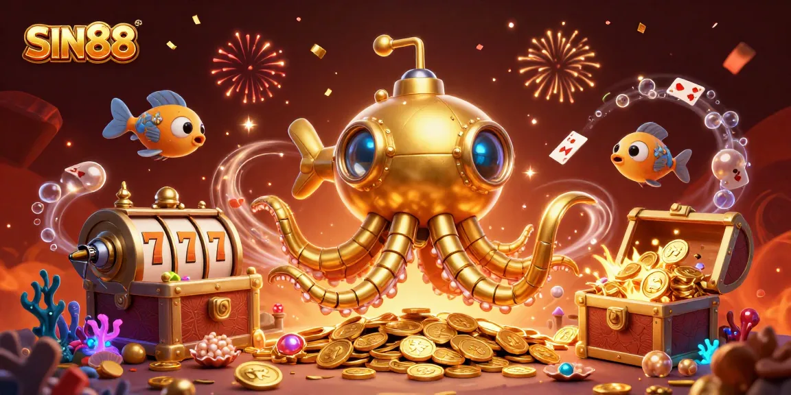 SIN88 showcases thrilling casino vibes with mechanical fish and a golden kraken amidst slot reels