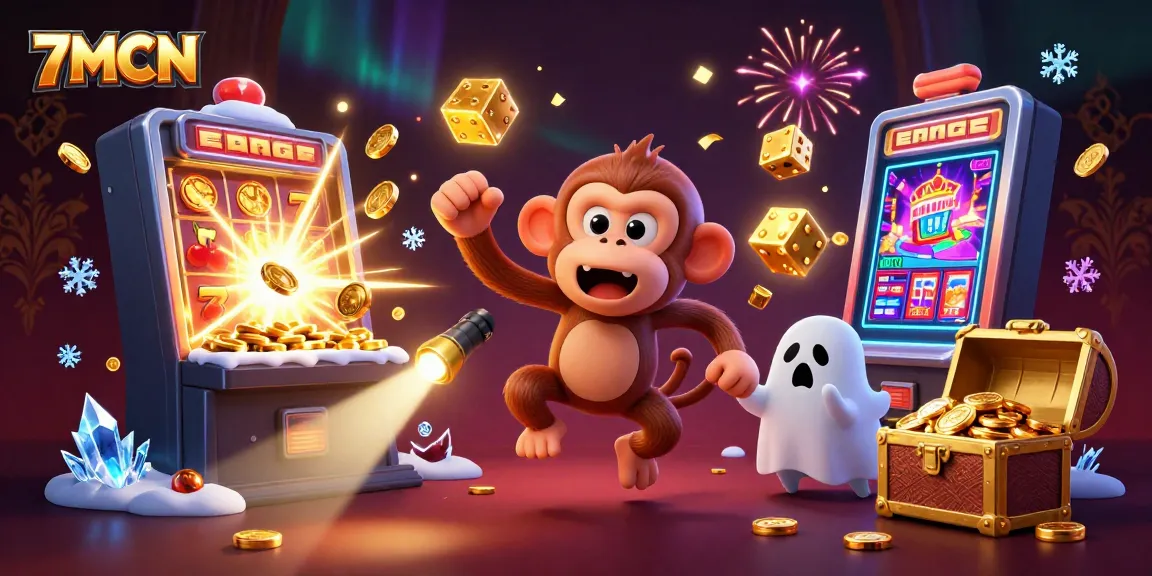 Engage with 7MCN's thrilling atmosphere as a poltergeist monkey juggles casino treasures!