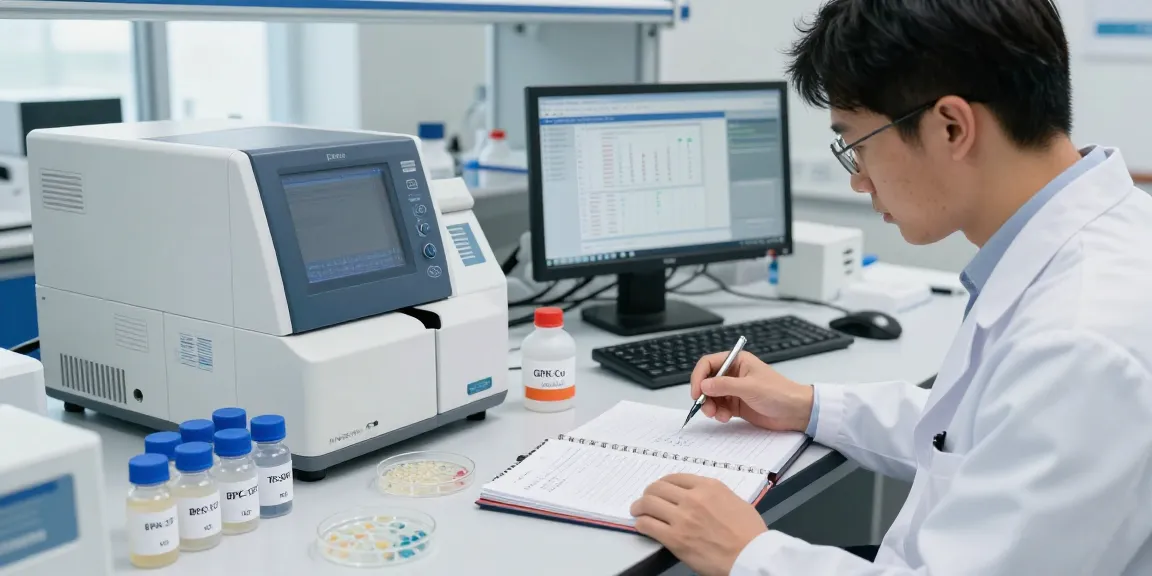 Laboratory scientist analyzing the GHK-Cu BPC-157 TB-500 KPV stack with precision instruments in a modern lab.