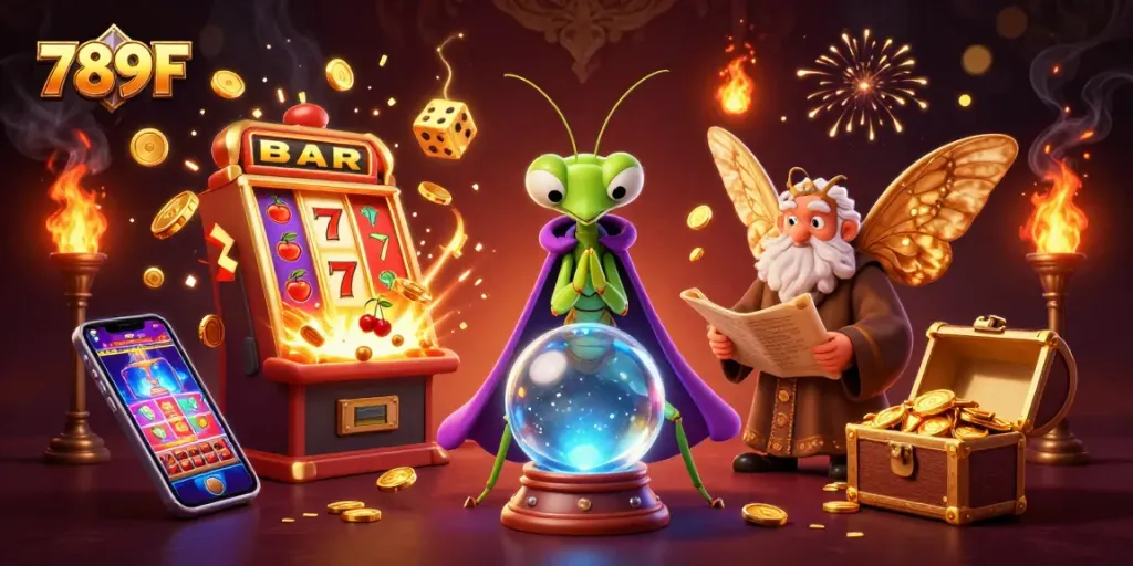 Engage in thrilling gameplay with 789F at a vibrant casino scene featuring dynamic elements and enchanting characters.