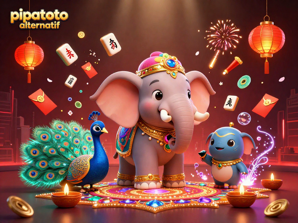 Engage with pipatoto alternatif through a vibrant 3D cartoon scene featuring a Diwali elephant and casino elements.