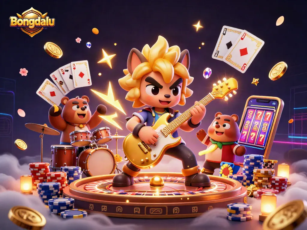 Bongdalu brings thrilling energy to the casino stage with a rock star wolf and wild drummer bear.