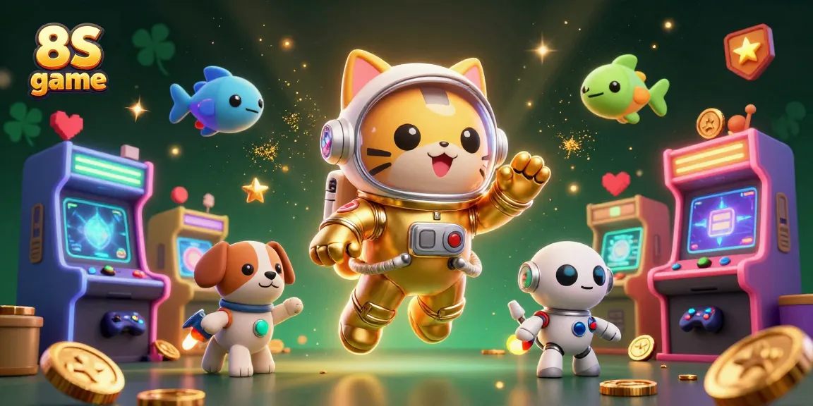 Play 8S game with a fun 3D animated scene featuring a space cat and robot dog amidst vibrant casino elements.